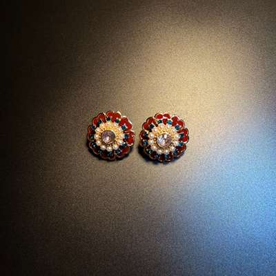 开花的橄榄 Vintage古着 Cobalt Bloom红色珍珠珐琅花朵耳钉 耳饰