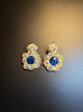 开花的橄榄 Vintage古着 Azure Sparkle蓝色花朵耳钉 耳环 耳饰