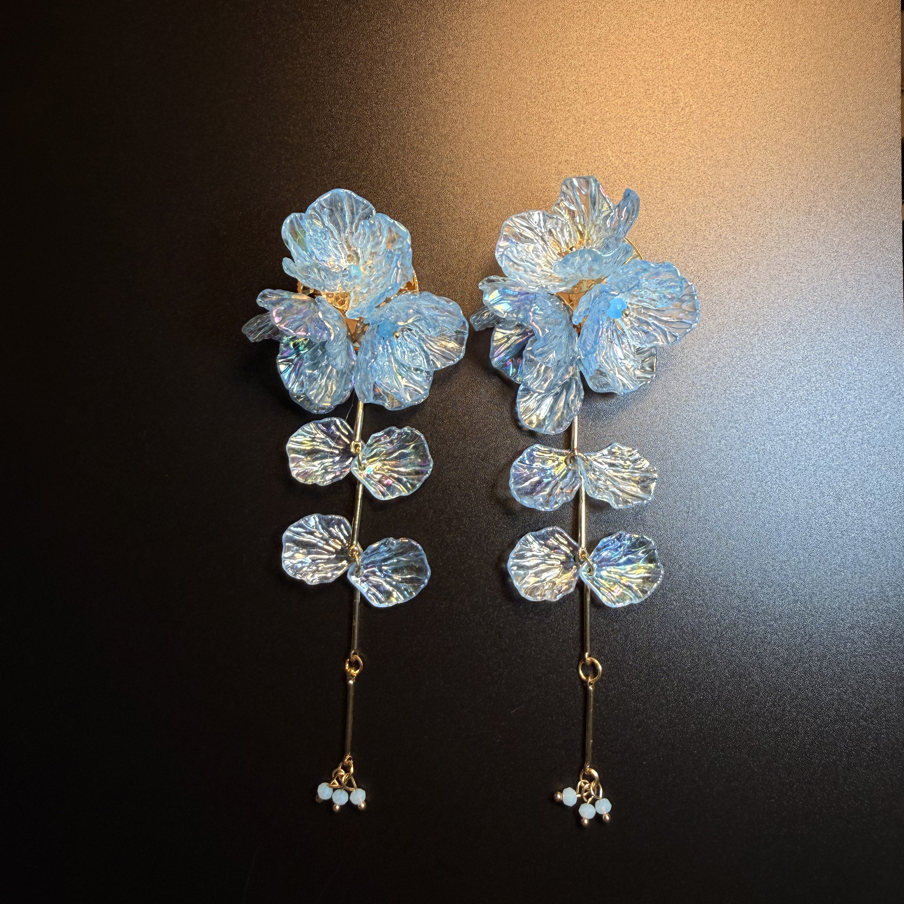 开花的橄榄 Vintage古着 Opal Flora蓝色幻彩琉璃花朵耳环 耳饰