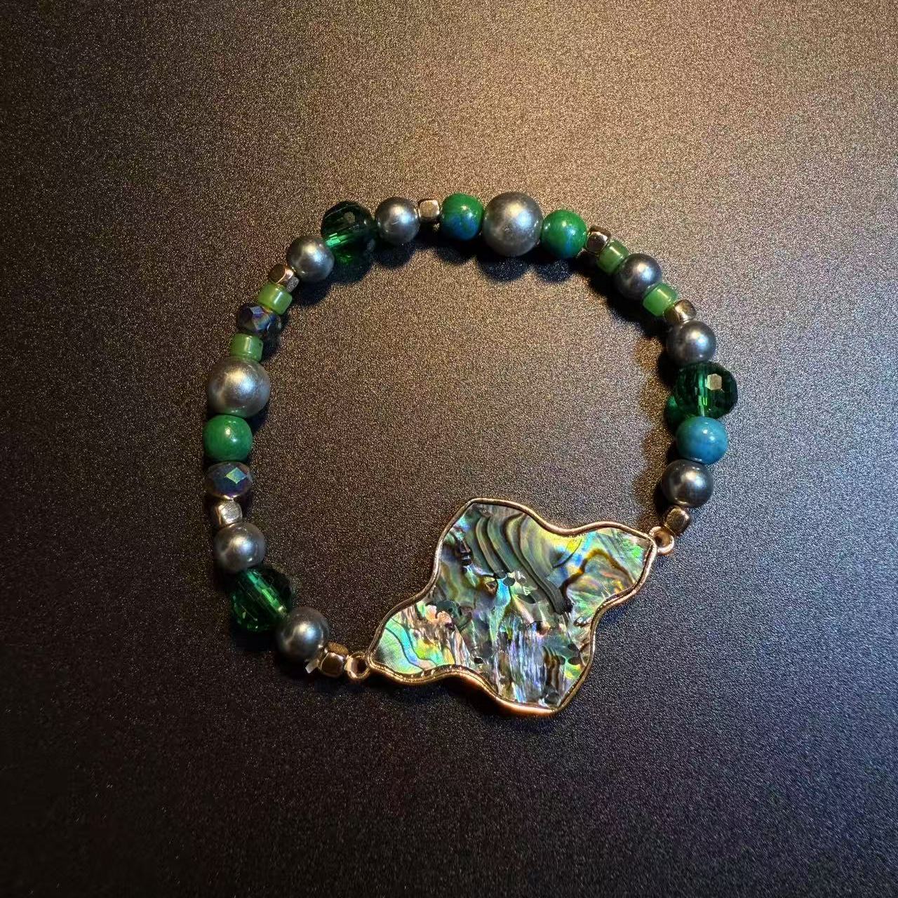 开花的橄榄 Vintage古着 Abalone Wave绿色贝壳串珠手链 手串