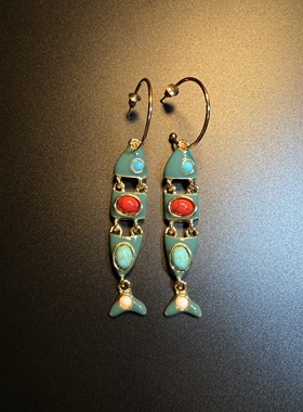 开花的橄榄 Vintage古着 Art Swim蓝色鱼骨头长款耳钉 耳环 耳饰