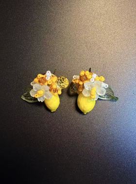 开花的橄榄 Vintage古着 Citrus Bloom黄色花朵耳钉 耳环 耳饰