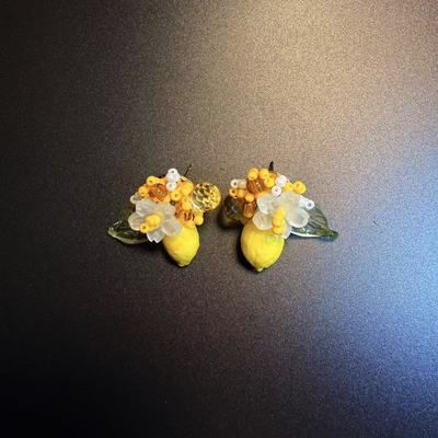开花的橄榄 Vintage古着 Citrus Bloom黄色花朵耳钉 耳环 耳饰