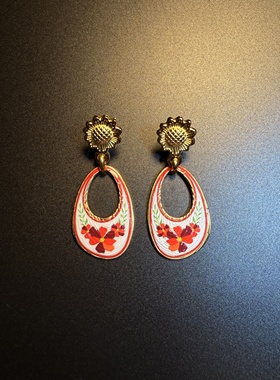 开花的橄榄Vintage古着 Crimson Oval红色花朵钛钢耳钉 耳环 耳饰