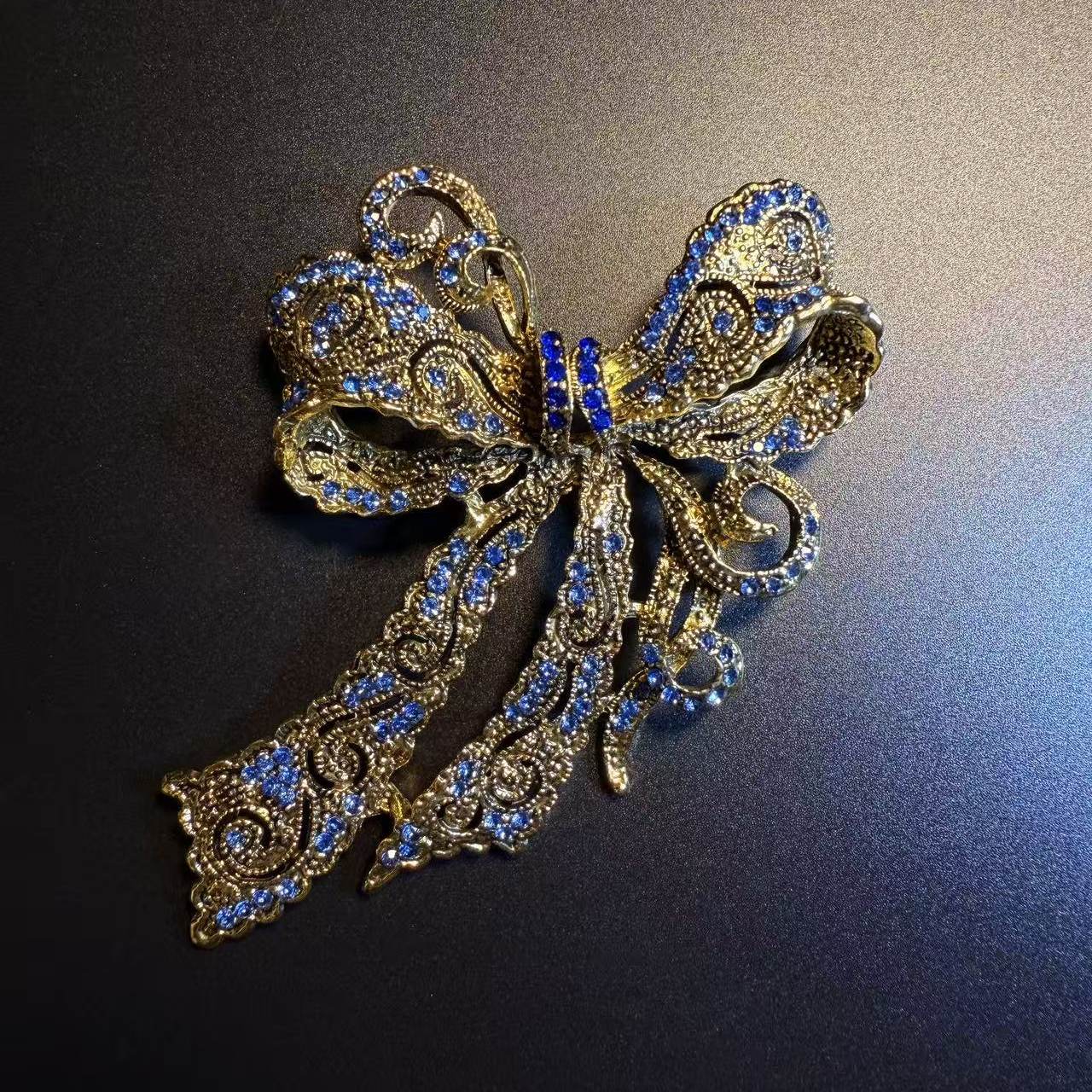 开花的橄榄 Vintage古着 Gilt Bow蓝色蝴蝶结胸针