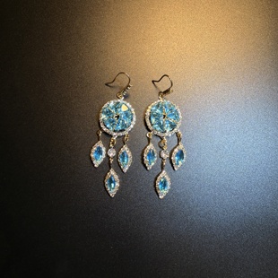 开花的橄榄 Vintage古着 Sapphire Web蓝色捕梦网流苏耳环 耳饰