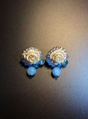 开花的橄榄 Vintage古着 Azure Rose蓝色花朵流苏耳钉 耳环 耳饰