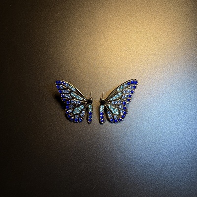 开花的橄榄 Vintage古着 Indigo Wing蓝色蝴蝶耳钉 耳环 耳饰