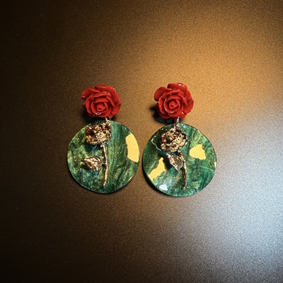 开花的橄榄 Vintage古着 Rose Disc绿色玫瑰花朵耳钉 耳环 耳饰