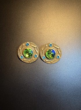开花的橄榄 Vintage古着 Jade Insignia绿色几何圆形耳钉耳环耳饰