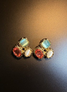 开花的橄榄 Vintage古着 Chic Stones猫眼石几何耳钉 耳环 耳饰