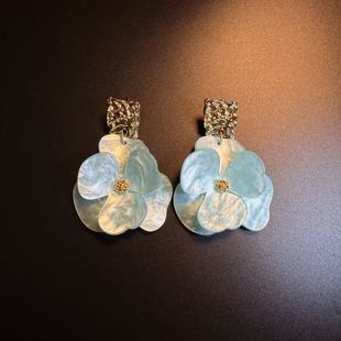 开花的橄榄 Vintage古着 Shellflorals蓝色花朵耳钉 耳环 耳饰