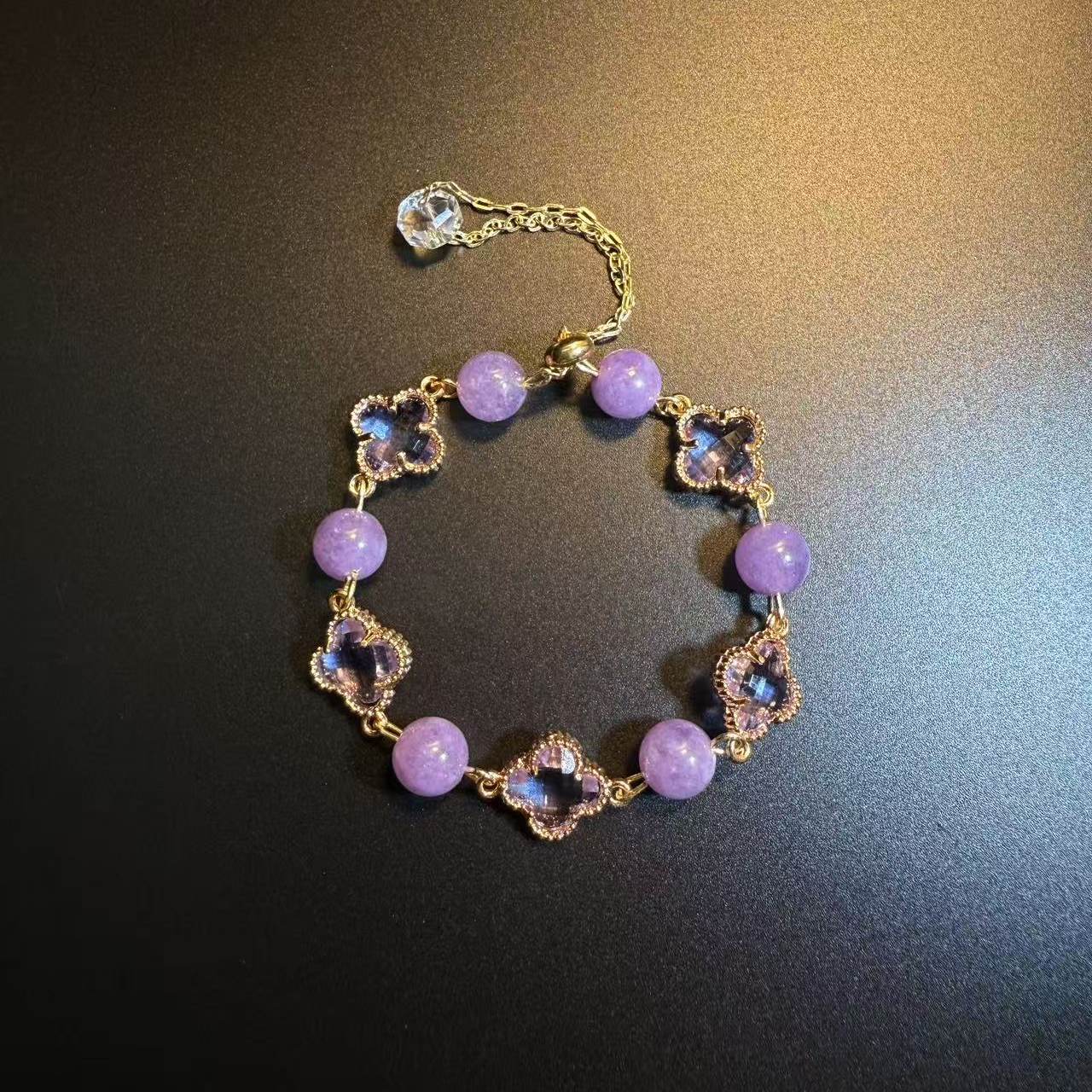 开花的橄榄 Vintage古着 Clover Bracelet紫色水晶四叶草手链