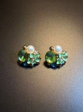 开花的橄榄 Vintage古着 Pearl Floral Studs绿色花朵耳钉 耳饰