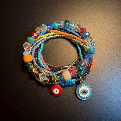 开花的橄榄 Vintage古着 Rainbow Eyes彩色多层叠戴串珠手链 手串