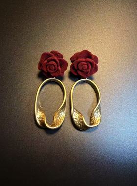 开花的橄榄 Vintage古着 Colorful Angel红色花朵长款耳环 耳饰