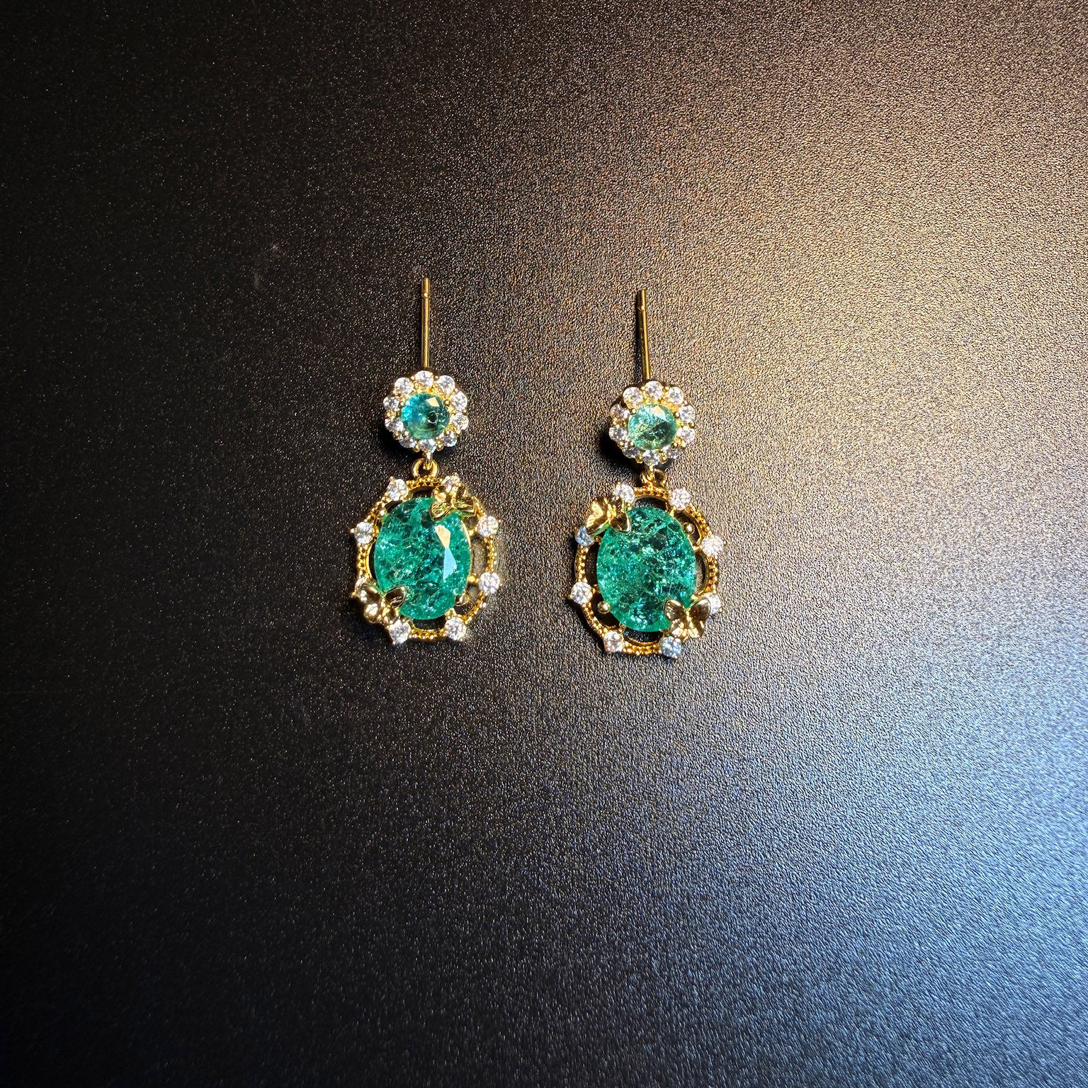 开花的橄榄 Vintage古着 Jade Luster绿蓝撞色冰裂锆石耳环 耳饰