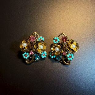橄榄 耳环 Vintage古着 Posy撞色花朵耳钉 耳饰 Pearl 开花