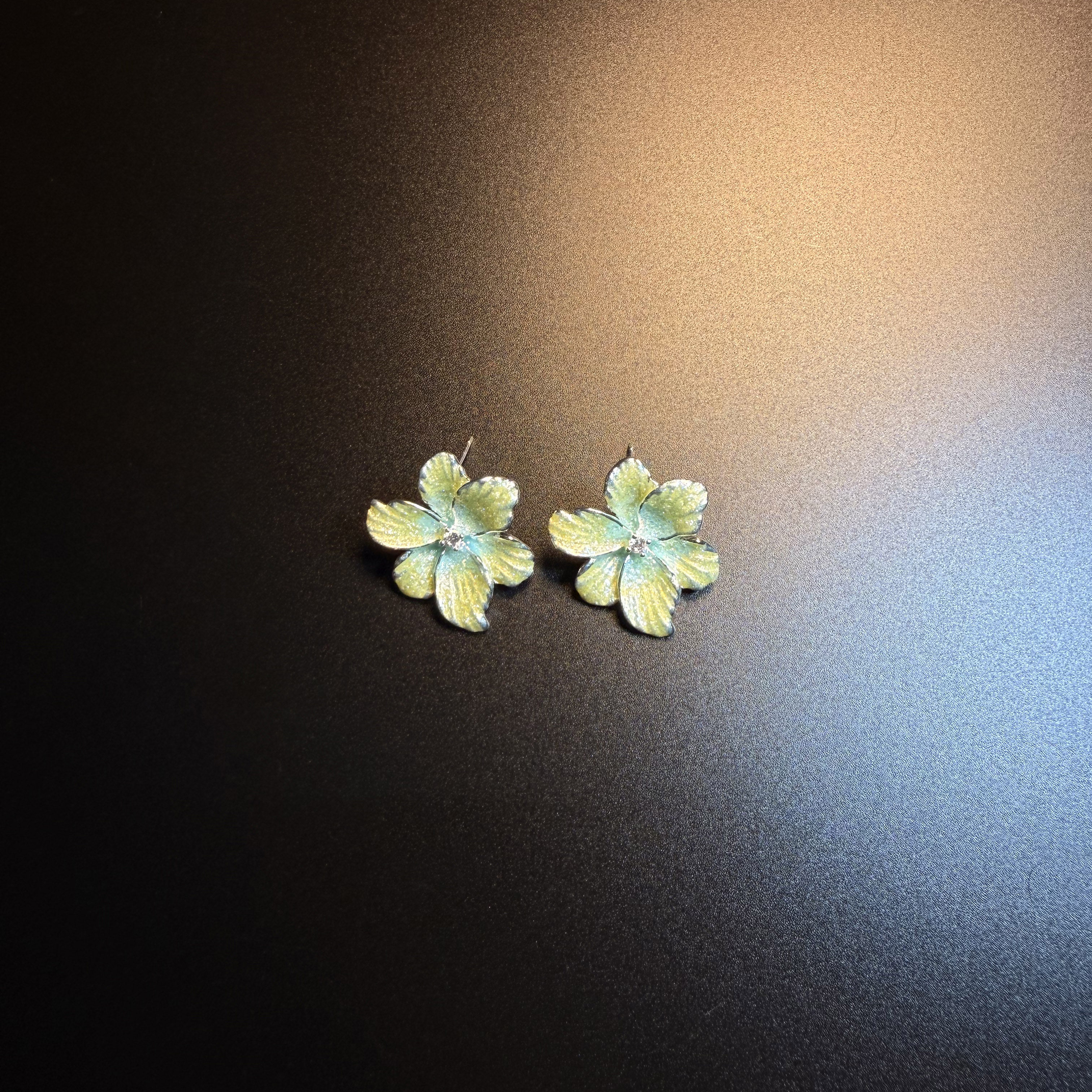 开花的橄榄 Vintage古着 Lime Citrus蓝绿渐变花朵耳钉 耳环 耳饰