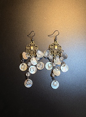 开花的橄榄 Vintage古着 Pearl Disc白色贝壳长款流苏耳环 耳饰