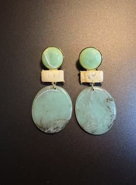 开花的橄榄 Vintage古着 Boho Oval Earrings绿色几何耳环 耳饰