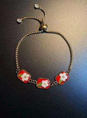 开花的橄榄 Vintage古着 Glimmer红色干花滴釉钛钢手链