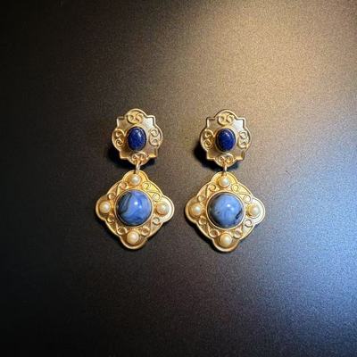 开花的橄榄Vintage古着 Gilded Blue蓝色松石几何耳钉 耳环  耳饰