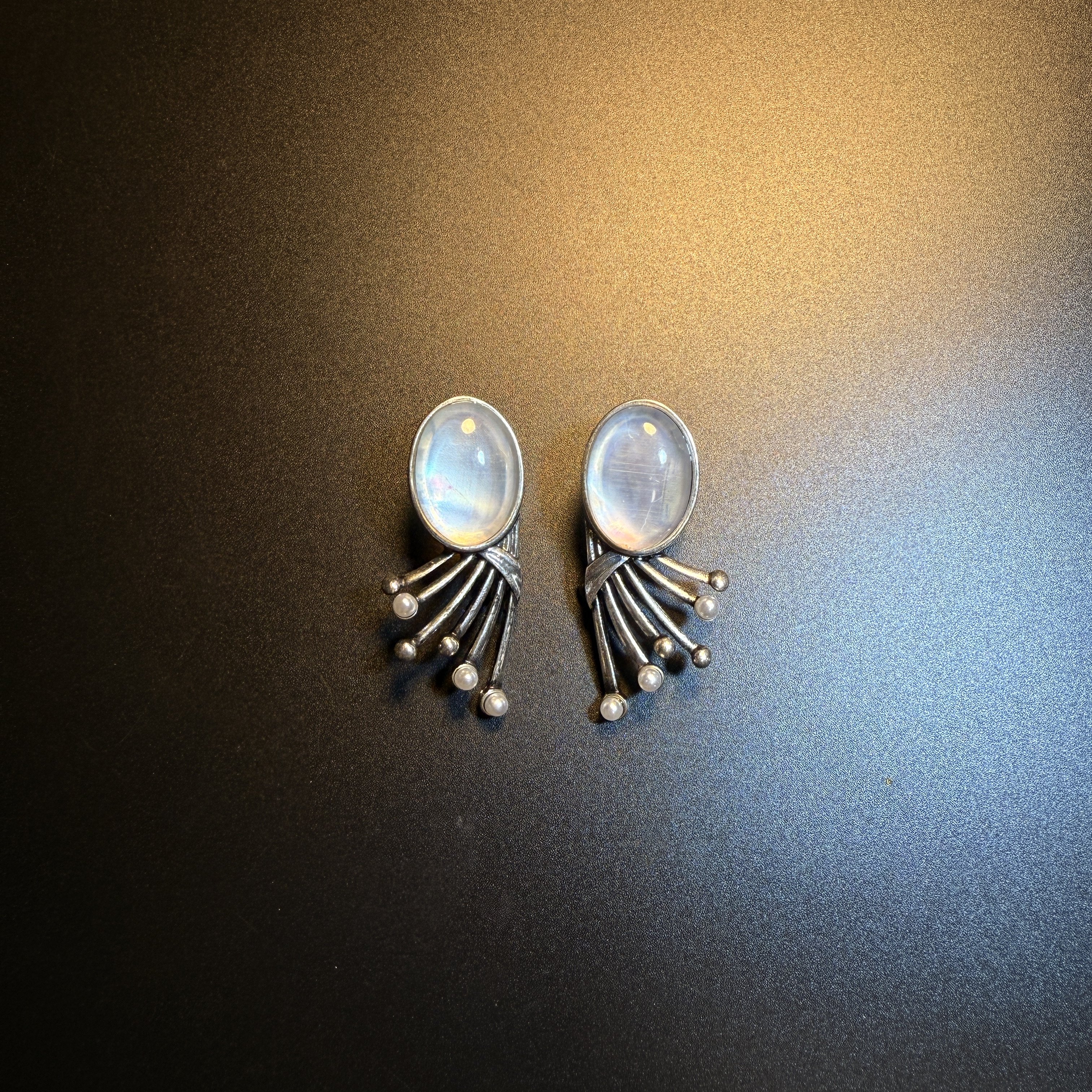 开花的橄榄Vintage古着 Lunar Drop银色几何月光石耳钉 耳环 耳饰