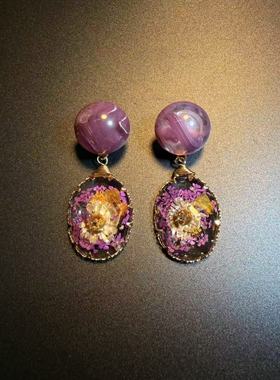 开花的橄榄 Vintage古着 Violet Glow紫色干花滴釉耳钉 耳环 耳饰