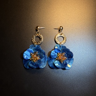开花的橄榄 Vintage古着 Blue Bloom蓝色花朵长款耳钉 耳环 耳饰