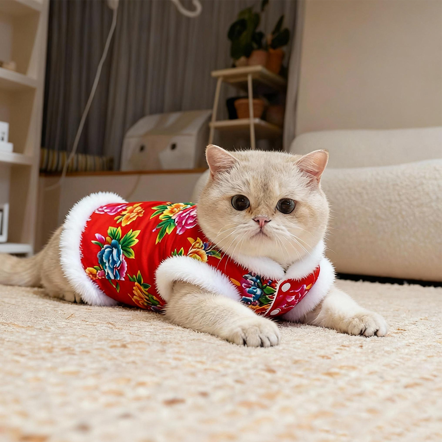 猫咪衣服冬季棉袄喜庆加绒加厚过年大花袄银渐层布偶泰迪比熊马甲