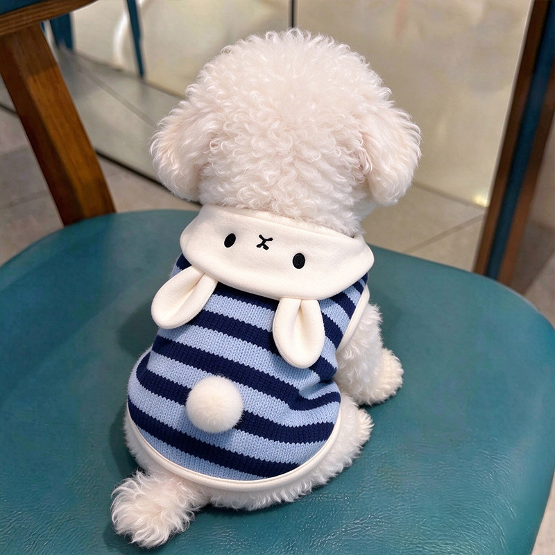 狗狗衣服秋冬小型犬比熊泰迪博美条纹兔耳朵保暖背心加绒保暖卫衣