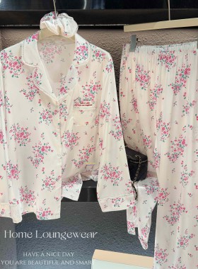 日本GP春秋甜美碎花睡衣女宁卓艺同款少女花边真丝长袖家居服套装