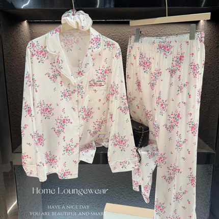 Home春秋季甜美碎花女睡衣宁卓艺同款少女花边真丝长袖家居服套装