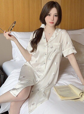 日本GP新款夏季真丝睡裙女薄款性感衬衫裙蝴蝶睡衣家居服高级感黑