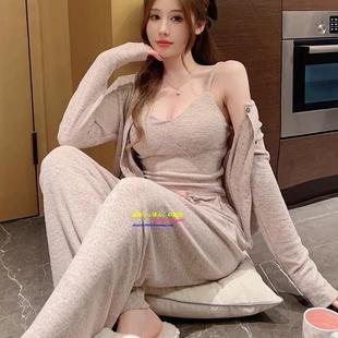 日本GP秋冬季带胸垫吊带睡衣女性感甜美纯棉家居服三件套装可外穿