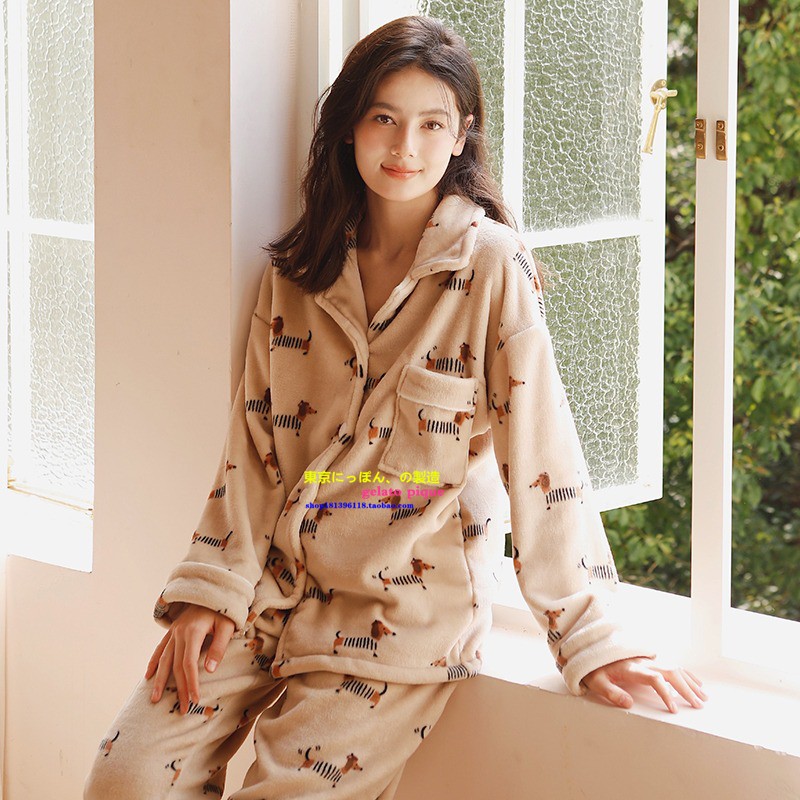 正品GP pique冬季软绵绵睡衣女卡通腊肠狗美拉德风法兰绒家居服套
