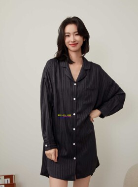 日本GP春夏款真丝条纹中长款男友衬衫裙女高级感睡裙简约家居服薄