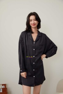 日本GP春夏款真丝条纹中长款男友衬衫裙女高级感睡裙简约家居服薄