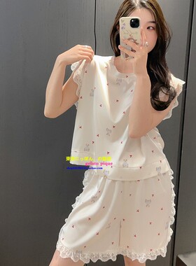 日本GP夏季新款短袖短裤真丝睡衣两件套可爱小熊蕾丝边家居服套装