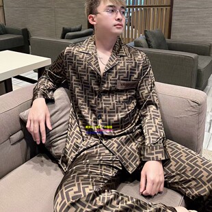 日本GP秋冬新款男士潮牌老花F宽松睡衣高端真丝长袖家居服套装ins