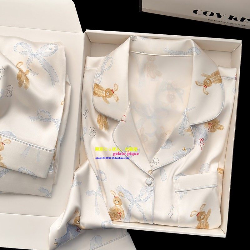 日本GP春秋新款奶蓝兔子真丝可爱睡衣女甜美蝴蝶结翻领家居服套装,女士内衣/男士内衣/家居服,睡衣/家居服套装,淘宝优惠券,粉丝福利购,淘宝优惠卷