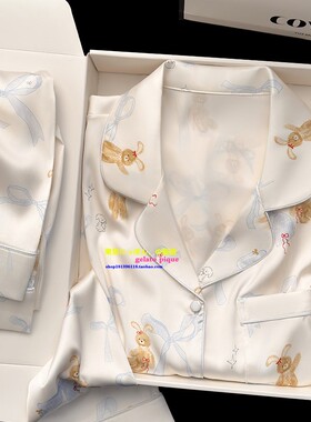 日本GP春秋新款奶蓝兔子真丝可爱睡衣女甜美蝴蝶结翻领家居服套装