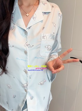 日本GP秋季新款甜美大耳朵玉桂狗真丝睡衣亲肤透气卡通家居服套装