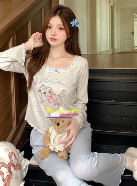 日本GP秋冬长袖莫代尔睡衣女卡通猫咪带胸垫可爱家居服两件套新款