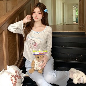 日本GP春秋长袖莫代尔睡衣女卡通猫咪带胸垫可爱家居服三件套新款