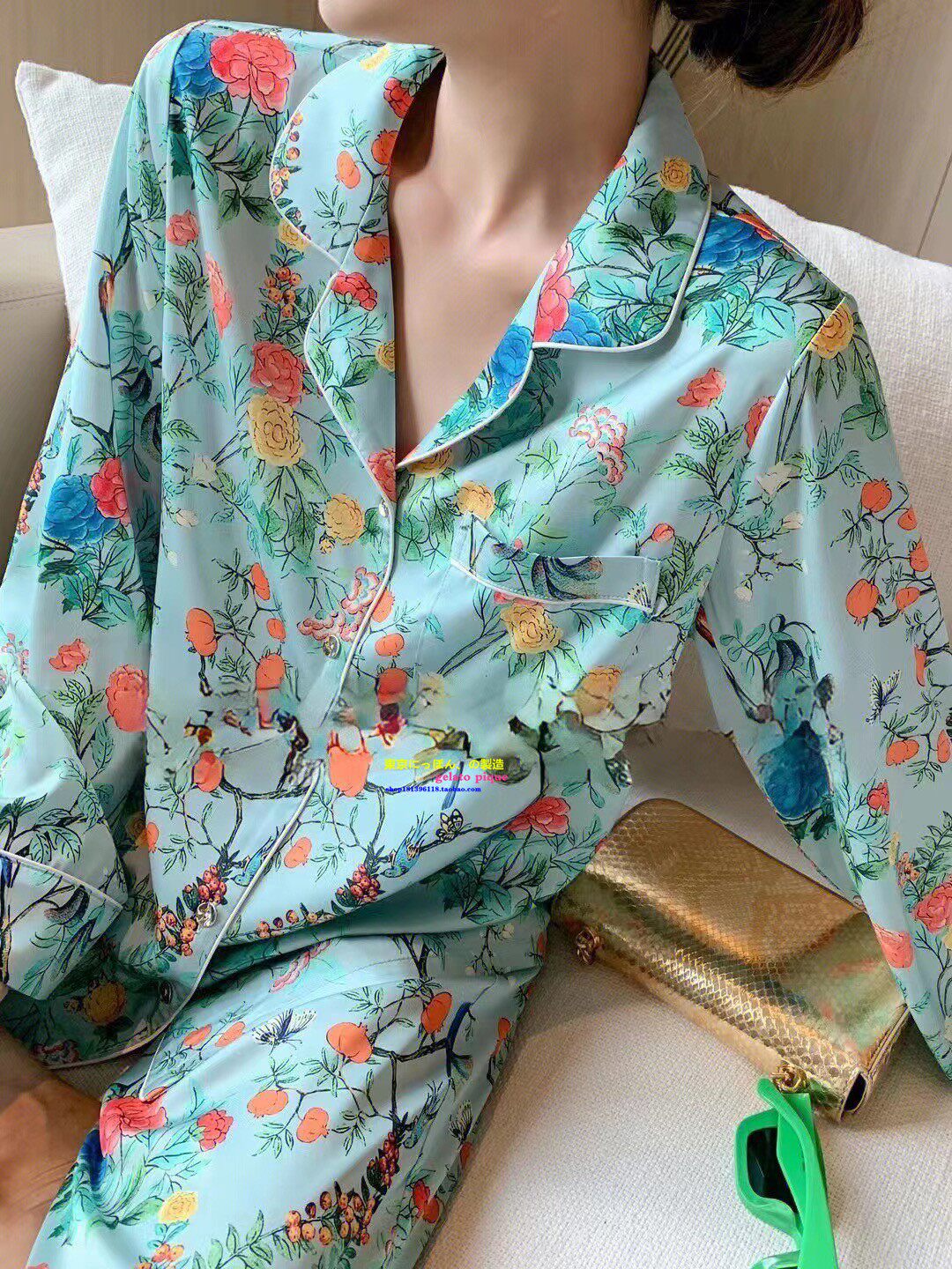 春秋季女真丝花鸟图印花睡衣套装