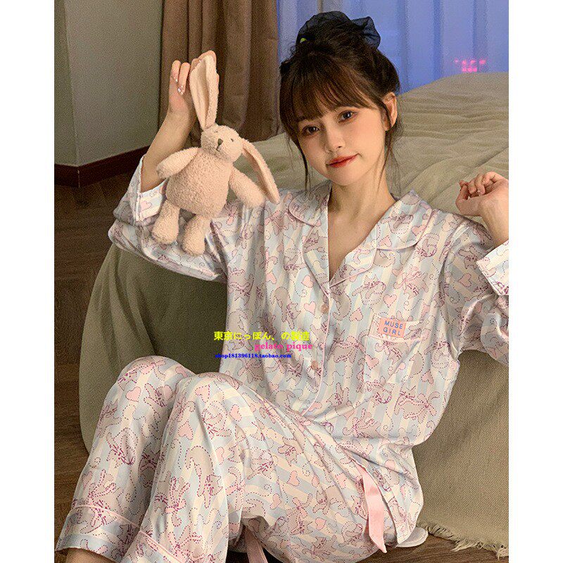 日本真丝猫咪卡通长袖睡衣少女