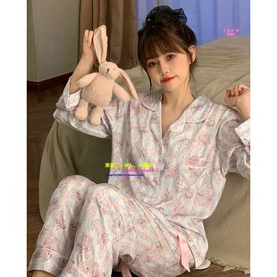 冰丝家居服套装 正品 长裤 pique春秋真丝睡衣女卡通猫咪少女长袖