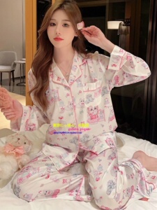 正品GP pique秋冬季真丝绸缎睡衣卡通动物可爱长袖家居服女高级感